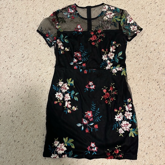 SHEIN Dresses & Skirts - black short sleeve mini dress with embroidered floral design and mesh